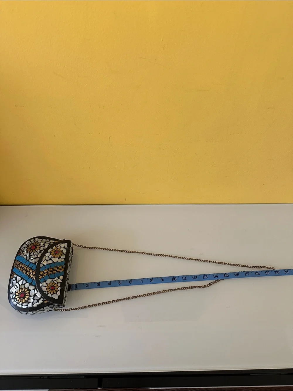 Handcrafted Moroccan Mosaic Flower Evening Boho Crossbody Bag in Blue and White